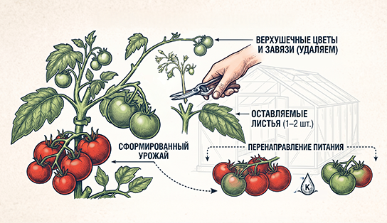 Вершкование и прищипка томатов в августе